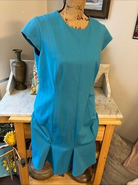 Akris Punto Turquoise Cap-Sleeve Shift Dress Gorgeous Heavy But Lined